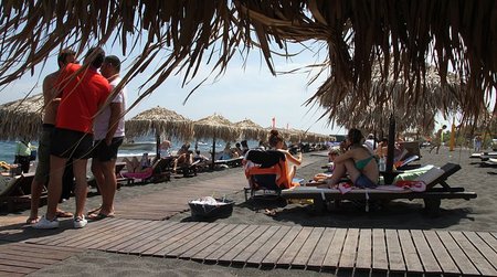 Perivolos Beach, view from parasol